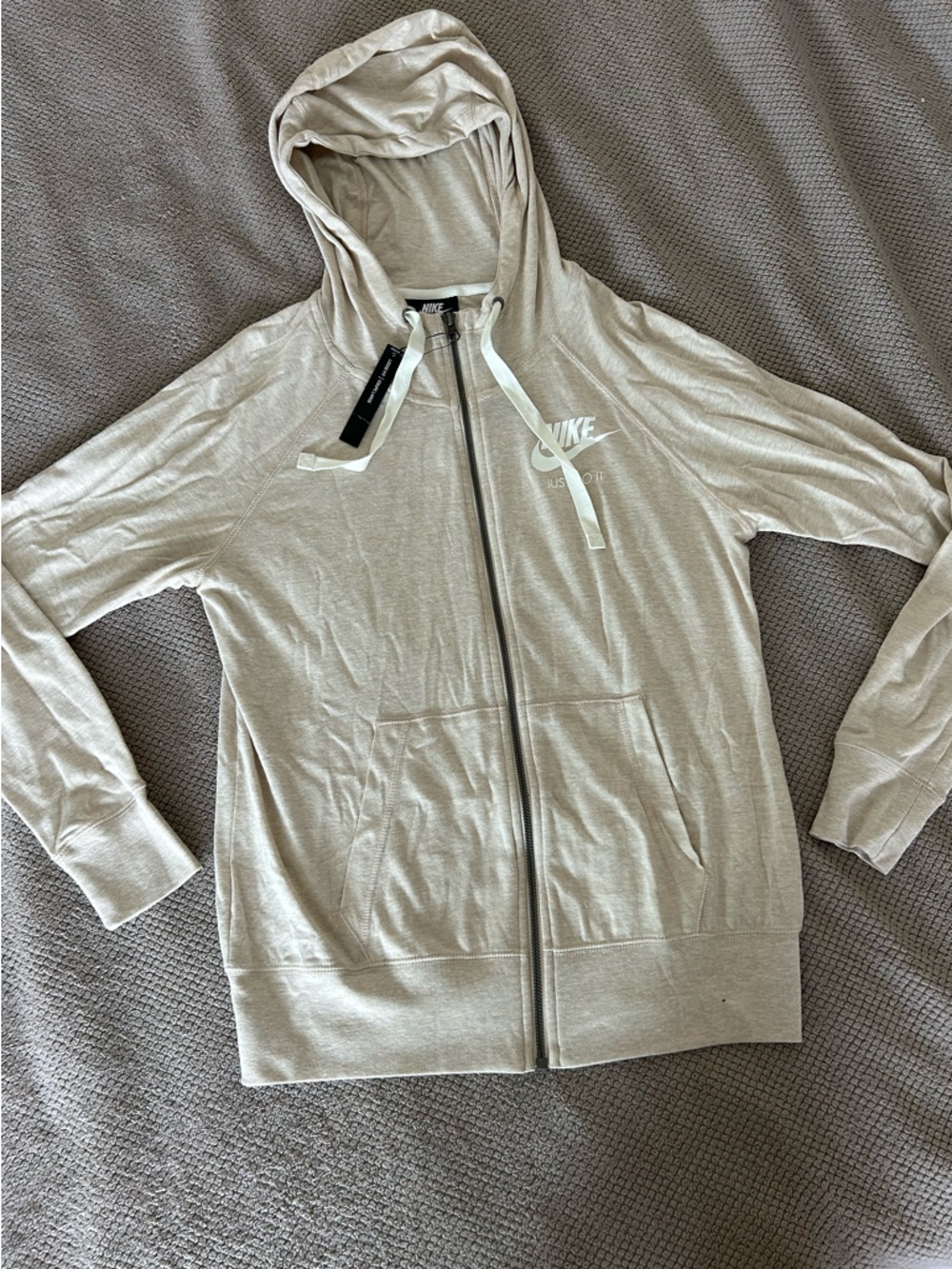 Nike Beige Zip-Up Hoodie with White Drawstrings